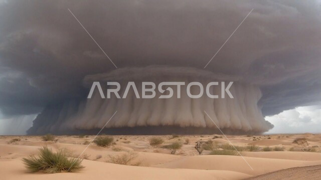 أجواء وطقوس قاسية, غبار العاصفة الرملية في الصحراء, منظر السماء الممتلئة بالغيوم الداكنة، التشكيلات والتكوينات الرملية في المملكة العربية السعودية, الزوابع الغبارية القوية, رياح ترابية في المناطق الصحراوية, الكثبان والرمال الذهبية الناعمة