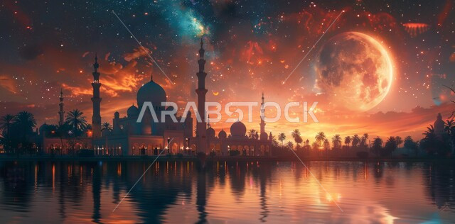 رسوم توضيحية ثلاثية الأبعاد لقبب ومآذن المساجد المضيئة ليلا امام ماء البحر، منظر القمر بدر مكتمل في السماء، مفهوم العبادة والتقرب إلى الله تعالى في رمضان المبارك، الاحتفال بقدوم شهر الخير، الأعياد و المناسبات الدينية الإسلامية
