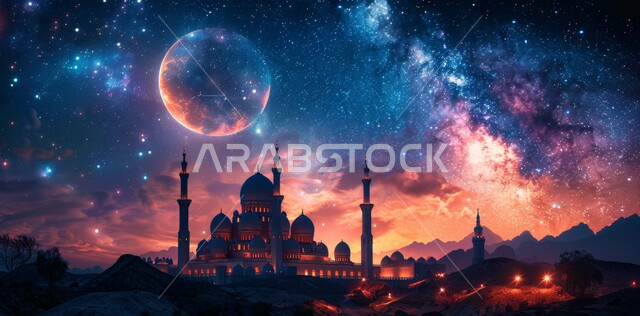 رسوم توضيحية ثلاثية الأبعاد لقبب ومآذن المساجد المضيئة ليلا، منظر القمر بدر مكتمل في السماء، مفهوم العبادة والتقرب إلى الله تعالى في رمضان المبارك، الاحتفال بقدوم شهر الخير، الأعياد و المناسبات الدينية الإسلامية