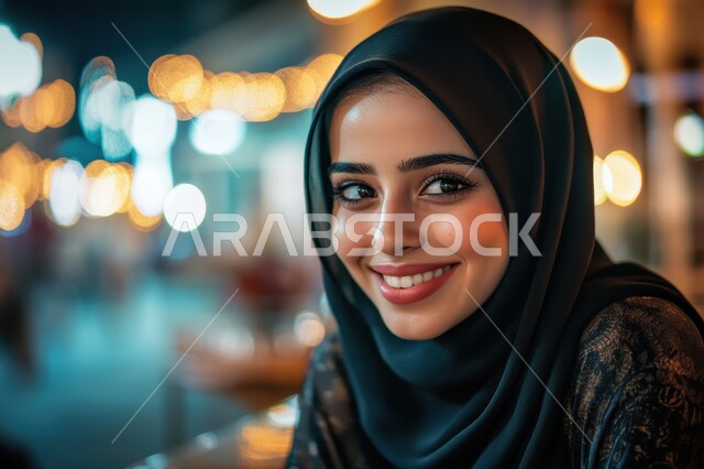 ملابس محجبات عصرية راقية، مفهوم الأنوثة والنعومة، الاهتمام بالمظهر الخارجي والأناقة، صورة مقربة لامرأة عربية خليجية سعودية محجبة ترتدي عباءة سوداء مبتسمة تنظر إلى الكاميرا بايماءات الثقة بالنفس