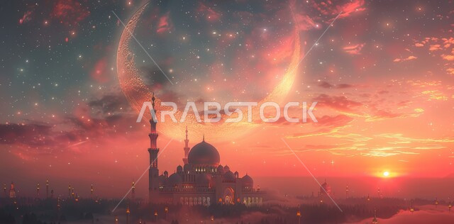 منظر هلال رمضان المبارك، الاحتفال بقدوم شهر الخير، الأجواء الروحانية الهادئة، رسوم توضيحية ثلاثية الأبعاد لقبب ومآذن المساجد وقت الغروب، مفهوم العبادة والتقرب إلى الله تعالى، الأعياد و المناسبات الدينية الإسلامية