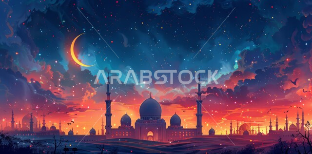 منظر هلال رمضان المبارك، الاحتفال بقدوم شهر الخير، الأجواء الروحانية الهادئة، رسوم توضيحية ثلاثية الأبعاد لقبب ومآذن المساجد وقت الغروب، مفهوم العبادة والتقرب إلى الله تعالى، الأعياد و المناسبات الدينية الإسلامية