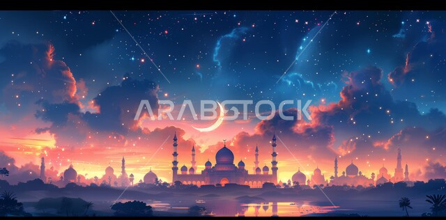 View of the crescent moon of the blessed month of Ramadan, celebrating the arrival of the month of goodness, calm spiritual atmosphere, 3D illustrations of mosque domes and minarets at sunset, the concept of worship and drawing closer to God Almighty, Islamic religious holidays and occasions