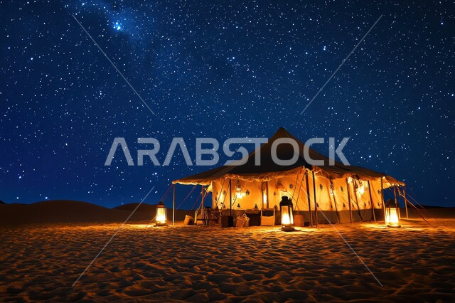 منظر السماء المليئة بالنجوم ليلا، الفوانيس المعدنية التقليدية المضيئة، أماكن المغامرات والكشتات البرية، أجواء تخييم شبابية ليلية هادئة، مخيمات سياحية في صحاري المملكة العربية السعودية، الطبيعة والرمال الذهبية الناعمة