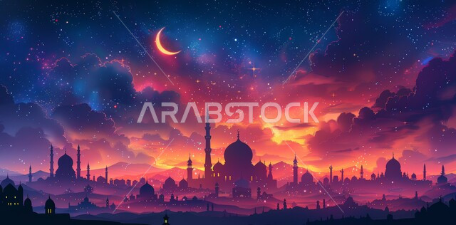 منظر هلال رمضان المبارك، الاحتفال بقدوم شهر الخير، الأجواء الروحانية الهادئة، رسوم توضيحية ثلاثية الأبعاد لقبب ومآذن المساجد وقت الغروب، مفهوم العبادة والتقرب إلى الله تعالى، الأعياد و المناسبات الدينية الإسلامية