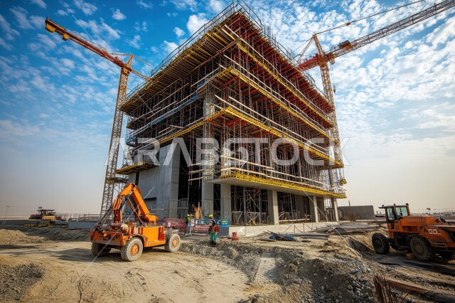 بناء تحت التشييد باستخدام الآليات الحديثة في المملكة العربية السعودية, تنفيذ مخطط الإعمار وتشكيل الهيكل المعدني, أعمال البناء وصب الخرسانات ووضع الأساسات, الآلات والمعدات الثقيلة والرافعات والسقالات العالية, مفهوم الهندسة الانشائية والمعمارية