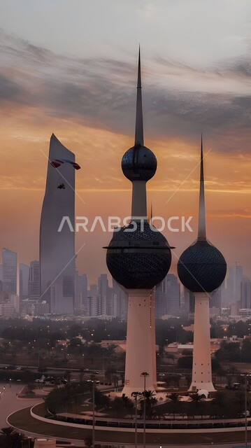 الفن الهندسيي المعماري لابراج مدينة الكويت, ناطحات السحاب والمنشآت على ساحل الخليج العربي في منطقة رأس عجوزة, التطور والتقدم العمراني على الطراز الحديث والمتطور, معالم سياحية مشهورة, الأشجار والنباتات الخضراء في الطراقات الكويتية