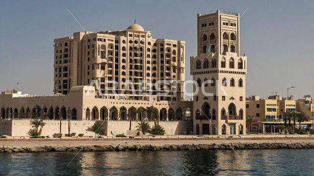 الهندسة المعمارية الفنية لبناء المساجد في المملكة العربية السعودية, القبب والمآذن على الطراز الاسلامي العريق, مبنى مسجد مطل على البحر في النهار, نداء المسلمين لأداء الصلوات والعبادات والفرائض