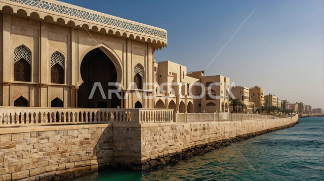 الهندسة المعمارية الفنية لبناء المساجد في المملكة العربية السعودية, القبب والمآذن على الطراز الاسلامي العريق, مبنى مسجد مطل على البحر في النهار, نداء المسلمين لأداء الصلوات والعبادات والفرائض