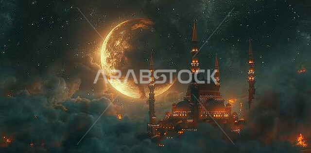الأجواء الروحانية الهادئة، قبب ومآذن المساجد المضيئة ليلا، الاحتفال بقدوم شهر الخير، رسوم توضيحية ثلاثية الأبعاد لهلال رمضان المبارك باللون الذهبي، مفهوم العبادة والتقرب إلى الله تعالى، الأعياد و المناسبات الدينية الإسلامية