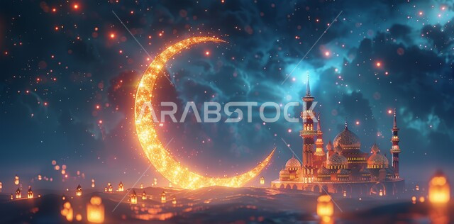 الأجواء الروحانية الهادئة، قبب ومآذن المساجد المضيئة ليلا، الاحتفال بقدوم شهر الخير، رسوم توضيحية ثلاثية الأبعاد لهلال رمضان المبارك باللون الذهبي، مفهوم العبادة والتقرب إلى الله تعالى، الأعياد و المناسبات الدينية الإسلامية