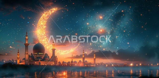 الأجواء الروحانية الهادئة، قبب ومآذن المساجد المضيئة ليلا، الاحتفال بقدوم شهر الخير، رسوم توضيحية ثلاثية الأبعاد لهلال رمضان المبارك باللون الذهبي، مفهوم العبادة والتقرب إلى الله تعالى، الأعياد و المناسبات الدينية الإسلامية