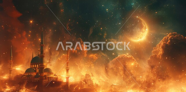الأجواء الروحانية الهادئة، قبب ومآذن المساجد المضيئة ليلا، الاحتفال بقدوم شهر الخير، رسوم توضيحية ثلاثية الأبعاد لهلال رمضان المبارك باللون الذهبي، مفهوم العبادة والتقرب إلى الله تعالى، الأعياد و المناسبات الدينية الإسلامية