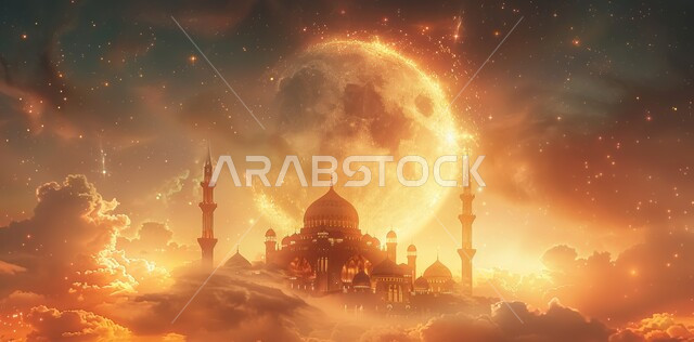 الأجواء الروحانية الهادئة، قبب ومآذن المساجد المضيئة ليلا، الاحتفال بقدوم شهر الخير، رسوم توضيحية ثلاثية الأبعاد لهلال رمضان المبارك باللون الذهبي، مفهوم العبادة والتقرب إلى الله تعالى، الأعياد و المناسبات الدينية الإسلامية