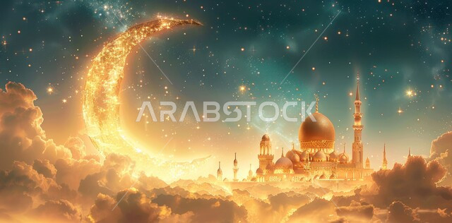 الأجواء الروحانية الهادئة، قبب ومآذن المساجد المضيئة ليلا، الاحتفال بقدوم شهر الخير، رسوم توضيحية ثلاثية الأبعاد لهلال رمضان المبارك باللون الذهبي، مفهوم العبادة والتقرب إلى الله تعالى، الأعياد و المناسبات الدينية الإسلامية