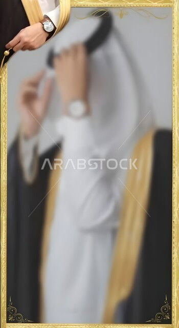 مفهوم أناقة وفخامة الزي الرسمي التراثي لحفل الزفاف، مراسم الأعراس والمناسبات السعيدة في المملكة، رجل عربي خليجي سعودي يرتدي الغترة والبشت التقليدي وساعة فاخرة، التقاط صور التذكارية في الأعياد
