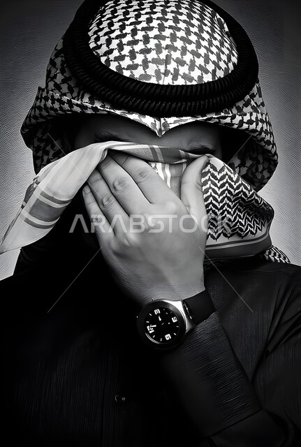 الشعور بالارهاق وعدم الراحة، بورتريه مقرب بالأبيض والأسود لرجل عربي خليجي سعودي يرتدي الشماغ والثوب التقليدي يضع يده على عينيه، الاحساس بألم في العينين، تعابير التعب الشديد والصداع، ايماءات الحزن والبكاء، خلفية رمادية