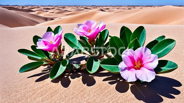 الورود و الزهور العطرية الصحراوية, نمو الأزهار الملونة في صحاري المملكة العربية السعودية, صورة مقربة لزهرة متفتحة في الصحراء, الرمال الذهبية الناعمة