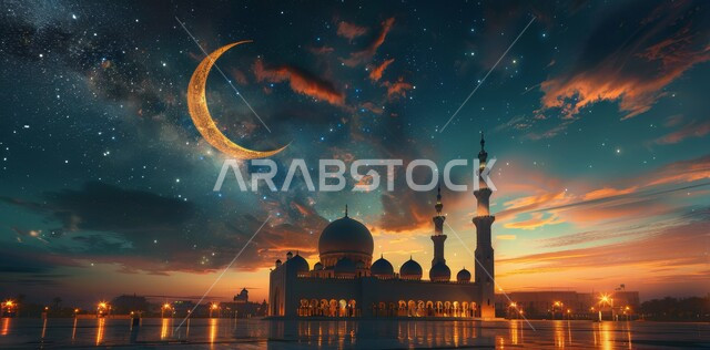 الأجواء الروحانية الهادئة، الاحتفال بقدوم شهر الخير، رسوم توضيحية ثلاثية الأبعاد لقبب ومآذن المساجد المضيئة ليلا مع هلال رمضان المبارك في السماء، مفهوم العبادة والتقرب إلى الله تعالى، الأعياد و المناسبات الدينية الإسلامية