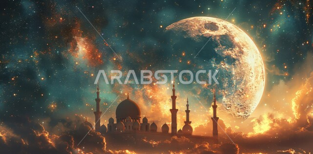 الأجواء الروحانية الهادئة، الاحتفال بقدوم شهر الخير، رسوم توضيحية ثلاثية الأبعاد لقبب ومآذن المساجد المضيئة ليلا مع هلال رمضان المبارك في السماء، مفهوم العبادة والتقرب إلى الله تعالى، الأعياد و المناسبات الدينية الإسلامية