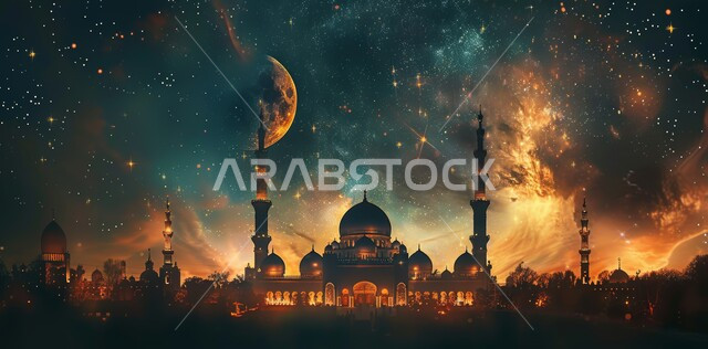 الأجواء الروحانية الهادئة، الاحتفال بقدوم شهر الخير، رسوم توضيحية ثلاثية الأبعاد لقبب ومآذن المساجد المضيئة ليلا مع هلال رمضان المبارك في السماء، مفهوم العبادة والتقرب إلى الله تعالى، الأعياد و المناسبات الدينية الإسلامية