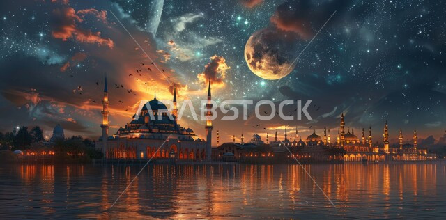 الأجواء الروحانية الهادئة، الاحتفال بقدوم شهر الخير، رسوم توضيحية ثلاثية الأبعاد لقبب ومآذن المساجد المضيئة ليلا مع هلال رمضان المبارك في السماء، مفهوم العبادة والتقرب إلى الله تعالى، الأعياد و المناسبات الدينية الإسلامية