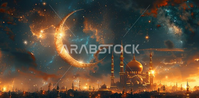 قدوم شهر الخير, العبادة والتقرب إلى الله تعالى زينة الاعياد والمناسبات الدينية, رسوم توضيحية ثلاثية الابعاد للمأذن والقبب للمساجد الإسلامية الديكورات والتصاميم الهندسية المميزة في رمضان المبارك، خلفية السماء المرصعة بالنجوم مع القمر المضيء ليلا