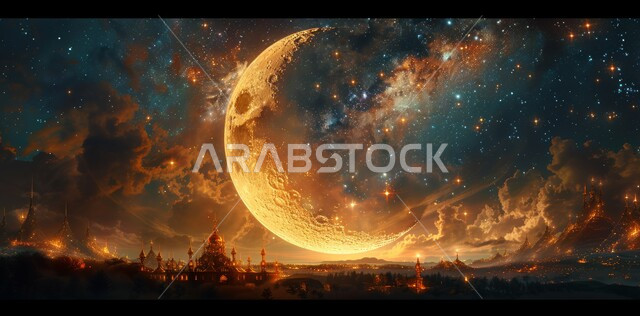 قدوم شهر الخير, العبادة والتقرب إلى الله تعالى زينة الاعياد والمناسبات الدينية, رسوم توضيحية ثلاثية الابعاد للمأذن والقبب للمساجد الإسلامية الديكورات والتصاميم الهندسية المميزة في رمضان المبارك، خلفية السماء المرصعة بالنجوم مع القمر المضيء ليلا