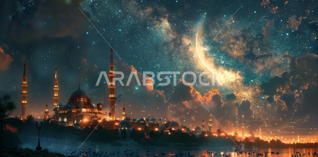 Worship and drawing closer to God Almighty, religious holidays and occasions, the arrival of the month of goodness, architectural art in the Kingdom of Saudi Arabia, 3D illustrations of minarets and domes of Islamic mosques, the background of the starry sky with the illuminated moon at night