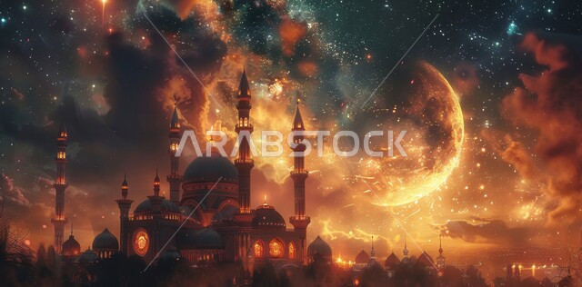 العبادة والتقرب إلى الله تعالى, الاعياد والمناسبات الدينية, قدوم شهر الخير, الفن الهندسي المعماري في المملكة العربية السعودية, رسوم توضيحية ثلاثية الابعاد للمآذن والقبب للمساجد الإسلامية، خلفية السماء المرصعه بالنجوم مع القمر المضيء ليلا