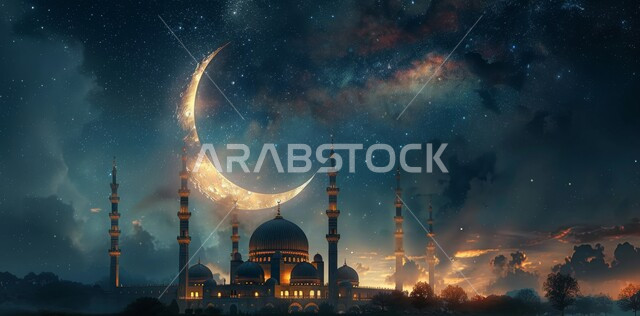 قدوم شهر الخير, العبادة والتقرب إلى الله تعالى زينة الاعياد والمناسبات الدينية, الفن الهندسي المعماري على الطراز الاسلامي، رسوم توضيحية ثلاثية الابعاد للمأذن والقبب للمساجد الإسلامية، خلفية السماء المرصعة بالنجوم مع القمر المضيء ليلا