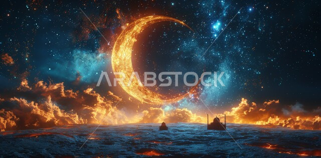 قدوم شهر الخير, العبادة والتقرب إلى الله تعالى زينة الاعياد والمناسبات الدينية, الفن الهندسي المعماري على الطراز الاسلامي، رسوم توضيحية ثلاثية الابعاد للمأذن والقبب للمساجد الإسلامية، خلفية السماء المرصعة بالنجوم مع القمر المضيء ليلا