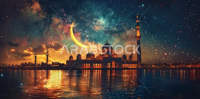 قدوم شهر الخير, العبادة والتقرب إلى الله تعالى زينة الاعياد والمناسبات الدينية, الفن الهندسي المعماري على الطراز الاسلامي، رسوم توضيحية ثلاثية الابعاد للمأذن والقبب للمساجد الإسلامية، خلفية السماء المرصعة بالنجوم مع القمر المضيء ليلا