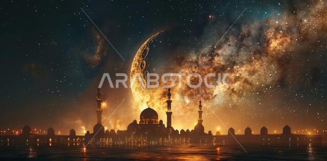 The advent of the month of goodness, worship and closeness to God Almighty, decorations for holidays and religious occasions, architectural engineering art in the Islamic style, 3D illustrations of the minarets and domes of Islamic mosques, the background of the starry sky with the illuminated moon at night