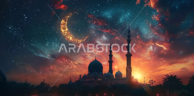 العبادة والتقرب إلى الله تعالى زينة الاعياد والمناسبات الدينية, الفن الهندسي المعماري على الطراز الاسلامي، قدوم شهر الخير, رسوم توضيحية ثلاثية الابعاد للمأذن والقبب للمساجد الإسلامية، خلفية السماء المرصعة بالنجوم مع القمر المضيء ليلا