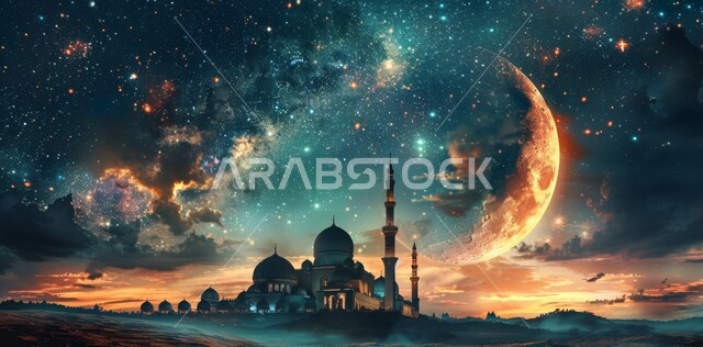 العبادة والتقرب إلى الله تعالى زينة الاعياد والمناسبات الدينية, الفن الهندسي المعماري على الطراز الاسلامي، قدوم شهر الخير, رسوم توضيحية ثلاثية الابعاد للمأذن والقبب للمساجد الإسلامية، خلفية السماء المرصعة بالنجوم مع القمر المضيء ليلا