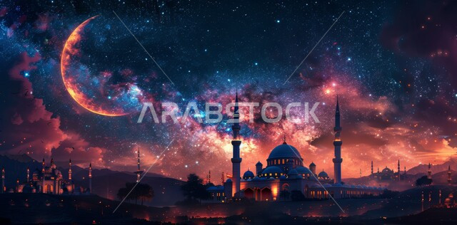 Worship and drawing closer to God Almighty, decorations for holidays and religious occasions, architectural art in the Islamic style, the arrival of the month of goodness, 3D illustrations of the minarets and domes of Islamic mosques, the background of the starry sky with the illuminated moon at night