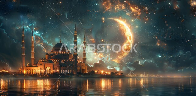 العبادة والتقرب إلى الله تعالى زينة الاعياد والمناسبات الدينية, الفن الهندسي المعماري على الطراز الاسلامي، قدوم شهر الخير, رسوم توضيحية ثلاثية الابعاد للمأذن والقبب للمساجد الإسلامية، خلفية السماء المرصعة بالنجوم مع القمر المضيء ليلا