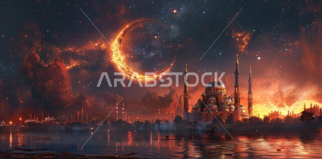 Architectural engineering art in the Islamic style, worship and closeness to God Almighty, decorations for holidays and religious occasions, the arrival of the month of goodness, 3D illustrations of the minarets and domes of Islamic mosques, the background of the starry sky with the illuminated moon at night