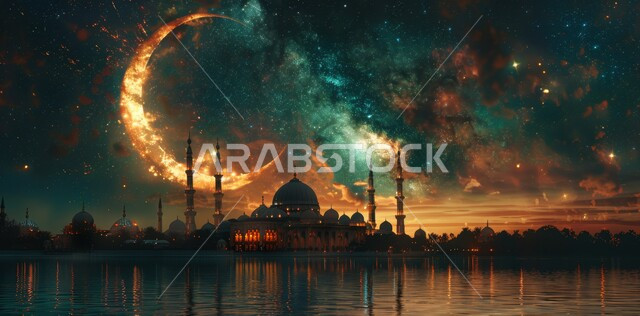 الفن الهندسي المعماري على الطراز الاسلامي، العبادة والتقرب إلى الله تعالى زينة الاعياد والمناسبات الدينية, قدوم شهر الخير, رسوم توضيحية ثلاثية الابعاد للمأذن والقبب للمساجد الإسلامية، خلفية السماء المرصعة بالنجوم مع القمر المضيء ليلا