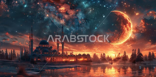 الفن الهندسي المعماري على الطراز الاسلامي، العبادة والتقرب إلى الله تعالى زينة الاعياد والمناسبات الدينية, قدوم شهر الخير, رسوم توضيحية ثلاثية الابعاد للمأذن والقبب للمساجد الإسلامية، خلفية السماء المرصعة بالنجوم مع القمر المضيء ليلا