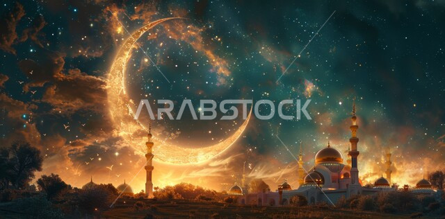 الفن الهندسي المعماري على الطراز الاسلامي، العبادة والتقرب إلى الله تعالى زينة الاعياد والمناسبات الدينية, قدوم شهر الخير, رسوم توضيحية ثلاثية الابعاد للمأذن والقبب للمساجد الإسلامية، خلفية السماء المرصعة بالنجوم مع القمر المضيء ليلا