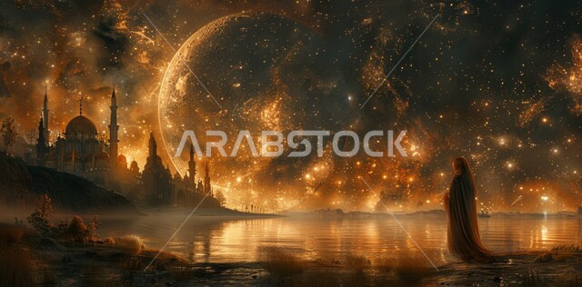 العبادة والتقرب إلى الله تعالى زينة الاعياد والمناسبات الدينية, قدوم شهر الخير, رسوم توضيحية ثلاثية الابعاد للمأذن والقبب للمساجد الإسلامية، الفن الهندسي المعماري على الطراز الاسلامي، خلفية السماء المرصعة بالنجوم مع القمر المضيء ليلا