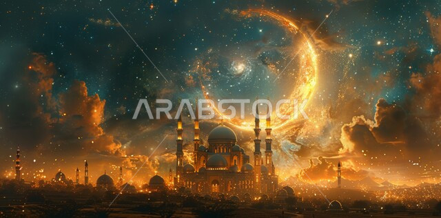 العبادة والتقرب إلى الله تعالى زينة الاعياد والمناسبات الدينية, قدوم شهر الخير, رسوم توضيحية ثلاثية الابعاد للمأذن والقبب للمساجد الإسلامية، الفن الهندسي المعماري على الطراز الاسلامي، خلفية السماء المرصعة بالنجوم مع القمر المضيء ليلا