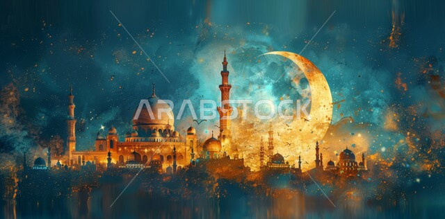 العبادة والتقرب إلى الله تعالى زينة الاعياد والمناسبات الدينية, قدوم شهر الخير, رسوم توضيحية ثلاثية الابعاد للمأذن والقبب للمساجد الإسلامية، الفن الهندسي المعماري على الطراز الاسلامي، خلفية السماء المرصعة بالنجوم مع القمر المضيء ليلا