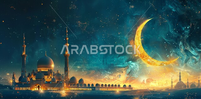 Worship and drawing closer to God Almighty, decorations for holidays and religious occasions, the arrival of the month of goodness, 3D illustrations of the minarets and domes of Islamic mosques, geometric architectural art in the Islamic style, the background of the starry sky with the illuminated moon at night