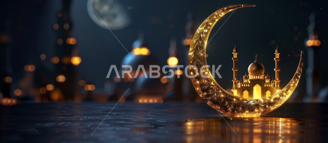 العبادة والتقرب إلى الله تعالى زينة الاعياد والمناسبات الدينية, قدوم شهر الخير, رسوم توضيحية ثلاثية الابعاد للمأذن والقبب للمساجد الإسلامية، اافن الهندسي المعماري على الطراز الاسلامي، خلفية السماء المرصعة بالنجوم مع القمر المضيء ليلا