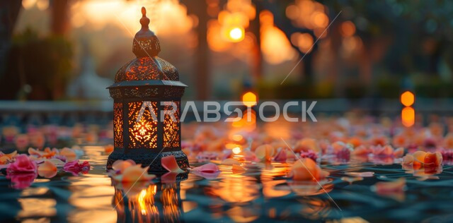 الاستعداد لاستقبال الشهر الفضيل، أضواء و مصابيح عربية تقليدية, فانوس معدني مزخرف مضيء, الأجواء الروحانية في الأيام الفضيلة, زينة و ديكورات و أنوار الاحتفالات بالمناسبات و الأعياد الدينية الإسلامية, البهجة بقدوم رمضان المبارك