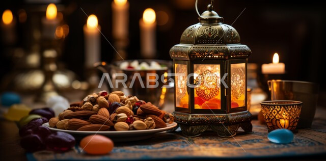 Traditional Arabic lights and lamps, a illuminated decorative metal lantern next to a plate of nuts, preparing to welcome the holy month, the spiritual atmosphere in the holy days, decorations, decorations and lights for celebrations of Islamic religious occasions and holidays, the joy of the advent of the blessed Ramadan.