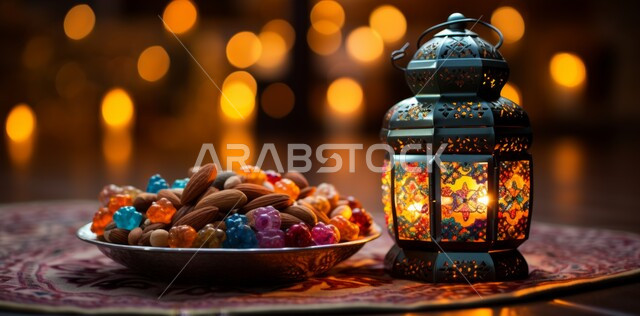 أضواء و مصابيح عربية تقليدية, فانوس معدني مزخرف مضيء بجانب طبق من المكسرات, الاستعداد لاستقبال الشهر الفضيل، الأجواء الروحانية في الأيام الفضيلة, زينة و ديكورات و أنوار الاحتفالات بالمناسبات و الأعياد الدينية الإسلامية, البهجة بقدوم رمضان المبارك